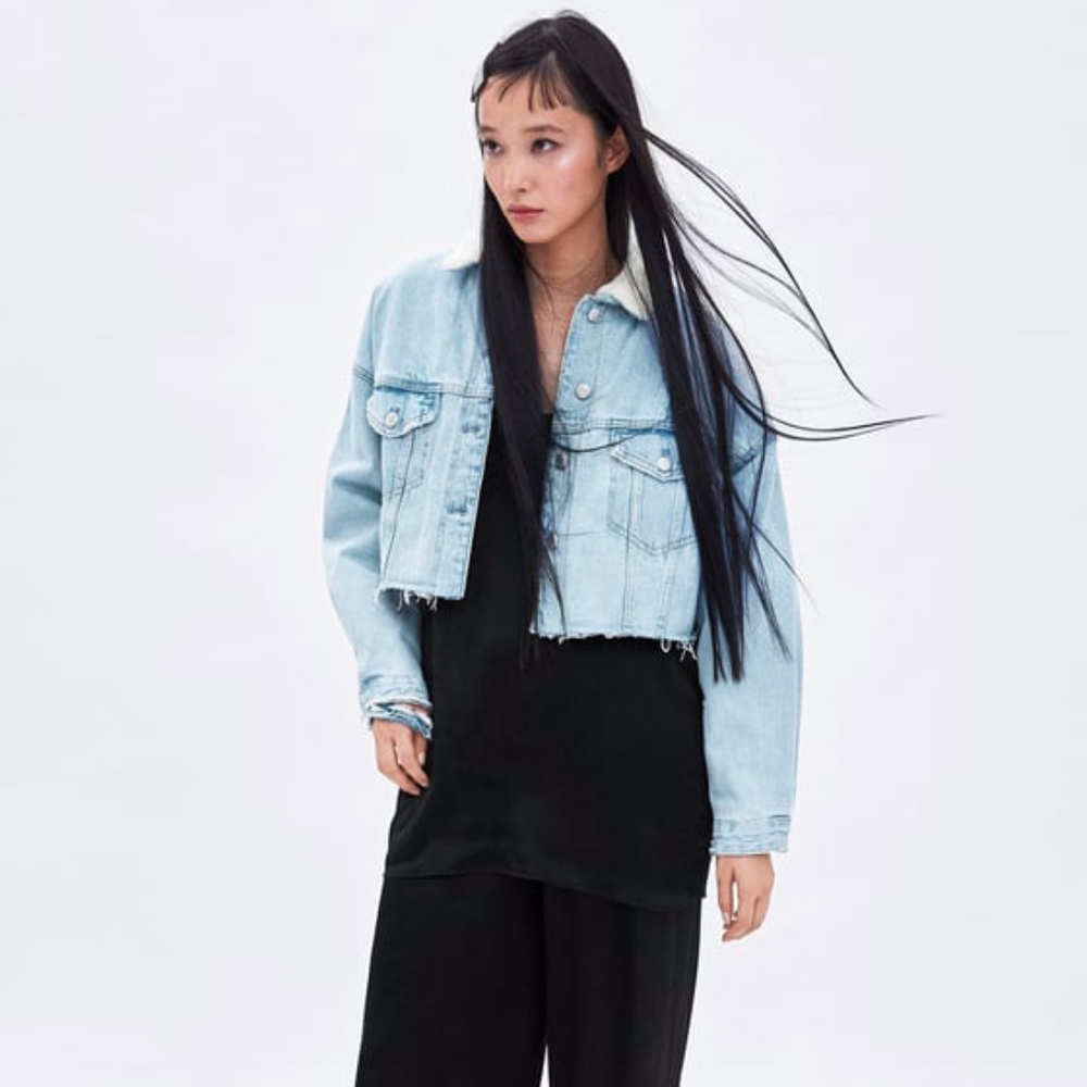 Zara Cropped Raw Hem Denim Shearling Jacket